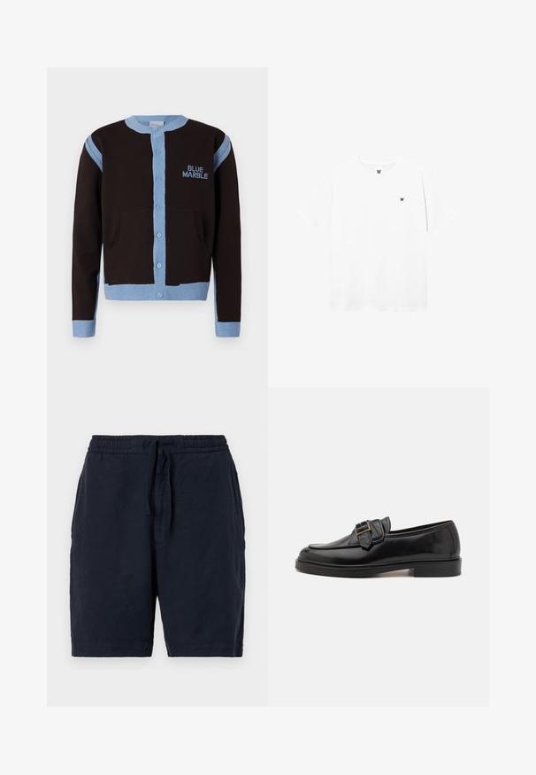 Cardigan negro con acentos en azul claro, con cierre de botones y bolsillos. El logotipo "BLUE MARBLE" está bordado en azul en el pecho.; Camiseta blanca de manga corta con cuello redondo, con un pequeño logo circular que presenta una "W" negra en el área del pecho izquierdo.; Pantalones cortos de lino azul marino con cintura elástica y cordón, que presentan un ajuste relajado y una superficie ligeramente texturizada.; Mocasines de cuero negro con punta redonda y un acento decorativo de hebilla. Tacón plano y sólido, con una textura suave en todo el zapato.