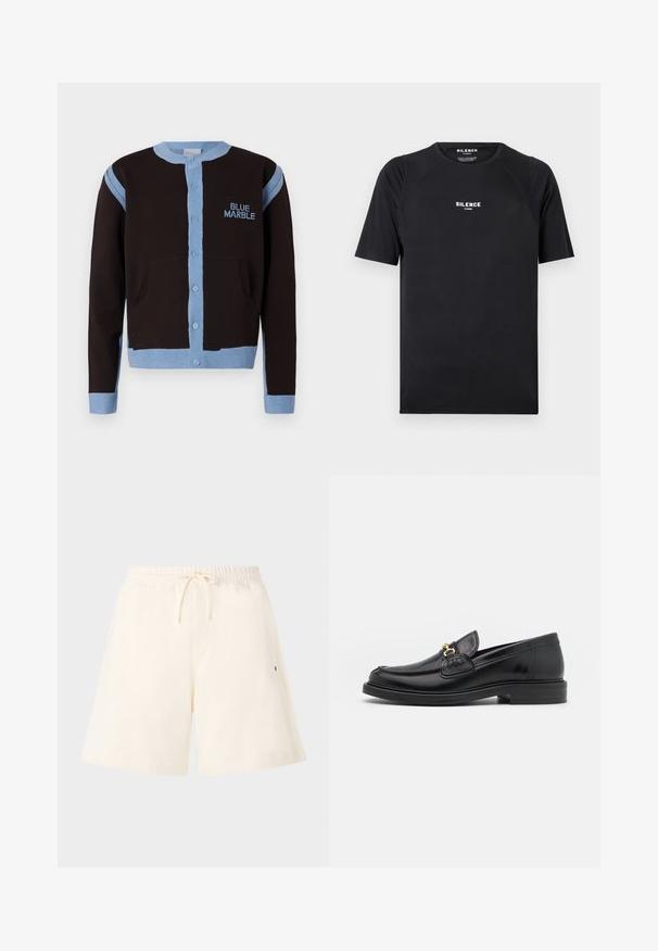 Sort cardigan med lyseblå detaljer, med knaplukning og lommer. "BLUE MARBLE" logoet er broderet i blåt på brystet.; Sort kortærmet t-shirt lavet af glat stof, med rund hals og et hvidt "SILENCE" logo på brystet.; Cremefarvede shorts lavet af blødt stof, med en elastisk talje med snor, sidelommer og en afslappet pasform.; Sorte læder loafers med en rund tå, der har guld hardware accent og syningsdetaljer, placeret på en lav, tekstureret gummisål.