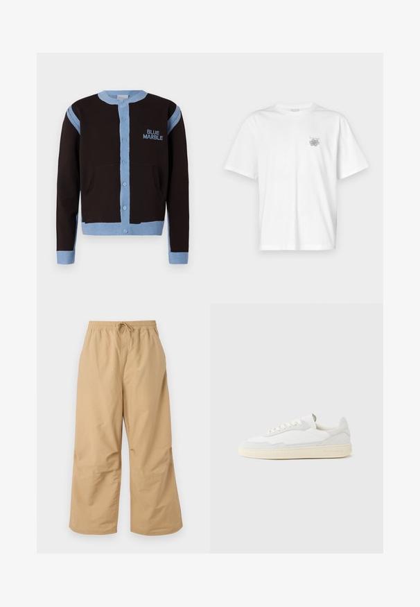 Sort cardigan med lyseblå detaljer, med knaplukning og lommer. "BLUE MARBLE" logoet er broderet i blåt på brystet.; Hvid t-shirt lavet af bomuld med korte ærmer, rund halsudskæring og et lille gråt logo på venstre brystområde. Glat tekstur.; Beige vide ben bukser lavet af letvægtsstof med en elastisk talje og snøre samt syede detaljer nær kanten.; Hvid sneakers med en øvre del i tekstureret ruskind og læder. Har rundet tå, snørelukning og kontrasterende beige gummisål.