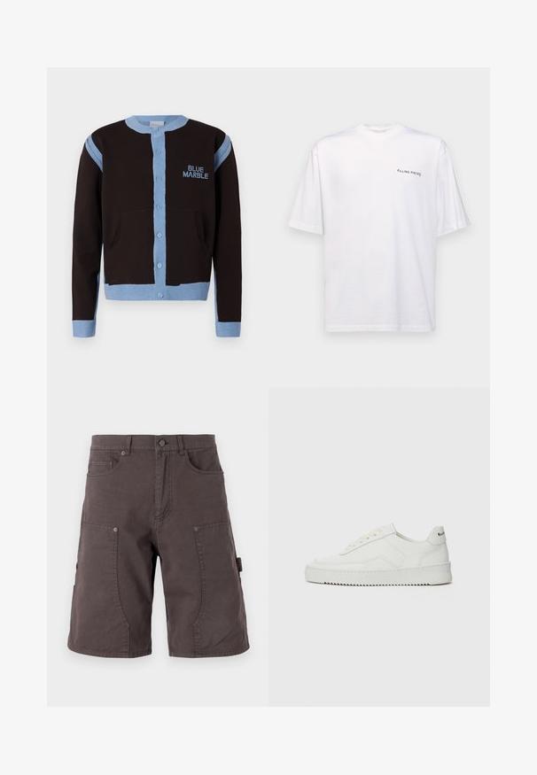Cardigan negro con acentos en azul claro, con cierre de botones y bolsillos. El logotipo "BLUE MARBLE" está bordado en azul en el pecho.; Camiseta blanca de manga corta en algodón con cuello en V, que presenta un logo negro de "FILLING PIECES" impreso en el lado izquierdo.; Pantalones cortos cargo de color gris oscuro, fabricados en algodón, con bolsillos delanteros, bolsillos laterales cargo, cierre de botón y detalle de costura en las piernas.; Zapatilla de cuero blanca con un acabado suave, puntera redonda, cordones planos y suela texturizada. Cuenta con un sutil logo en el talón.
