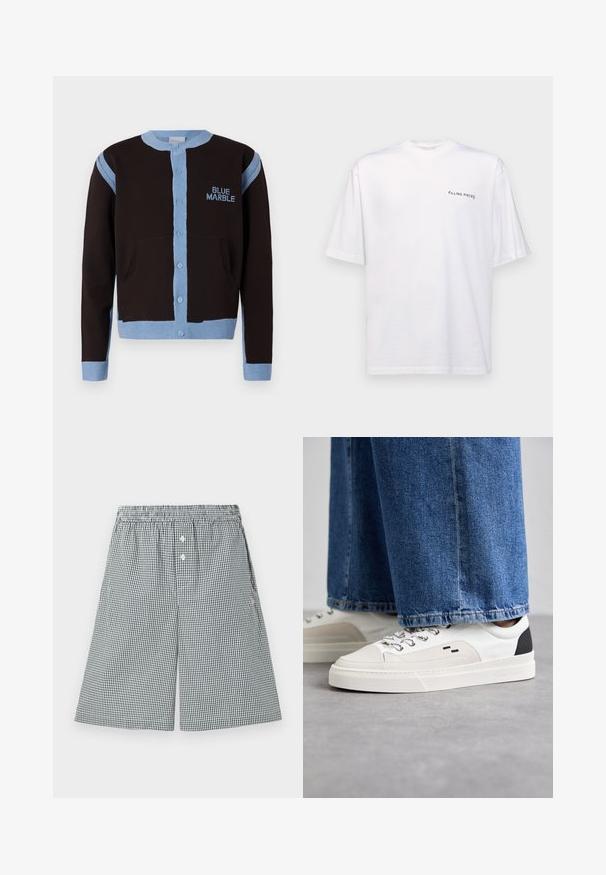 Schwarze Strickjacke mit hellblauen Akzenten, mit Knopfleiste und Taschen. Das "BLUE MARBLE" Logo ist in Blau auf der Brust gestickt.; Weißes kurzärmliges T-Shirt aus Baumwolle mit V-Ausschnitt, mit einem schwarzen "FILLING PIECES" Logo, das auf der linken Seite gedruckt ist.; Schwarz-weiße Gingham-Shorts aus leichtem Stoff. Mit elastischem Bund und Knopfdetails an der Vorderseite.; Weiße und schwarze Sneaker mit einem Obermaterial aus glattem Leder, strukturierten Akzenten und einer massiven weißen Sohle. Verfügt über ein klassisches Schnürdesign.