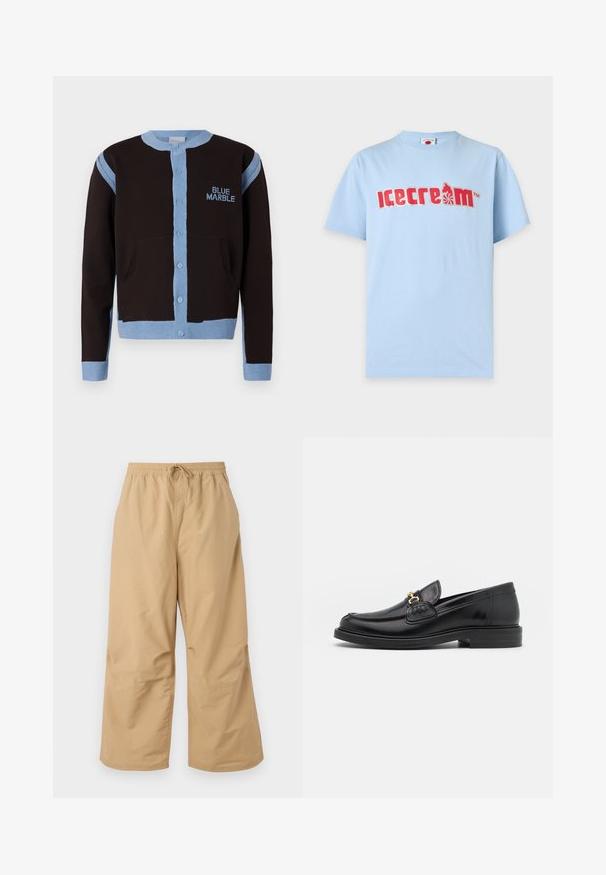 Schwarze Strickjacke mit hellblauen Akzenten, mit Knopfleiste und Taschen. Das "BLUE MARBLE" Logo ist in Blau auf der Brust gestickt.; Hellblaues T-Shirt mit kurzen Ärmeln, rotem stilisiertem Schriftzug „icecream“ und einer kleinen Grafik einer Person auf einem Einrad anstelle des Buchstabens „a“.; Beige weite Hosen aus leichtem Stoff, mit einem elastischen Bund und einer Kordel sowie genähten Akzenten in der Nähe des Saums.; Schwarze Lederleter mit einer abgerundeten Zehenpartie, ausgestattet mit goldenen Hardwareakzenten und Stichdetails, auf einer niedrigen, strukturierten Gummisohle.