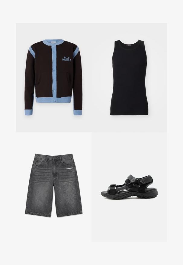 Schwarze Strickjacke mit hellblauen Akzenten, mit Knopfleiste und Taschen. Das "BLUE MARBLE" Logo ist in Blau auf der Brust gestickt.; Schwarzes Tanktop aus einem glatten, dehnbaren Material. Verfügt über einen runden Halsausschnitt und keine Ärmel, mit einer engen Passform und einfachem Design.; Schwarze Denim-Knielange Shorts mit Vordertaschen, Gürtelschlaufen, Knopfverschluss und "PEGADOR"-Logo auf der rechten Tasche.; Schwarze sportliche Sandale mit verstellbaren Klettverschlüssen, atmungsaktivem Mesh-Obermaterial und dicker robuster Sohle für den Außenbereich.