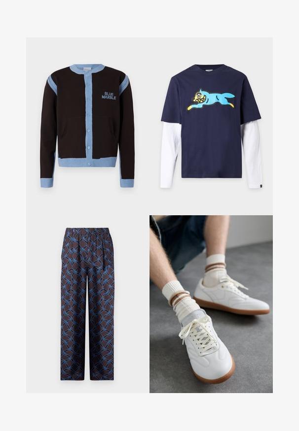 Cardigan negro con acentos en azul claro, con cierre de botones y bolsillos. El logotipo "BLUE MARBLE" está bordado en azul en el pecho.; Camisa azul marino de manga corta sobre mangas largas blancas con un gran dibujo de un perro de dibujos animados azul juguetón en el pecho.; Pantalones de pierna ancha en tejido oscuro, con un patrón azul tejido. La cinturilla elástica garantiza comodidad. Textura suave con acentos geométricos.; Zapatillas de cuero blanco con una textura suave, detalles en gamuza gris, suelas de goma beige y cordones planos. Combinadas con calcetines a rayas en tonos crema y marrón.