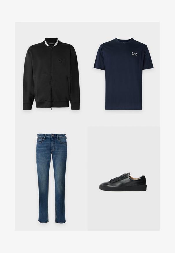 Zwarte bomberjack met een ritssluiting aan de voorkant, geribbeld kraag en geborduurd logo. Beschikt over twee zijzakken en een gladde stofstructuur.; Navyblauwe katoenen t-shirt met korte mouwen, ronde halslijn en EA7-logo aan de linkerbovenkant in het wit. Gladde textuur, casual ontwerp.; Denim jeans in een gemiddelde blauwe was. Heeft een recht gesneden ontwerp, vijf zakken, een ritsluiting aan de voorkant en contrasterende stiksels.; Zwarte leren sneaker met een gladde textuur, ronde neus en vetersluiting. Heeft een dikke rubberen zool en minimale merkaanpassing.