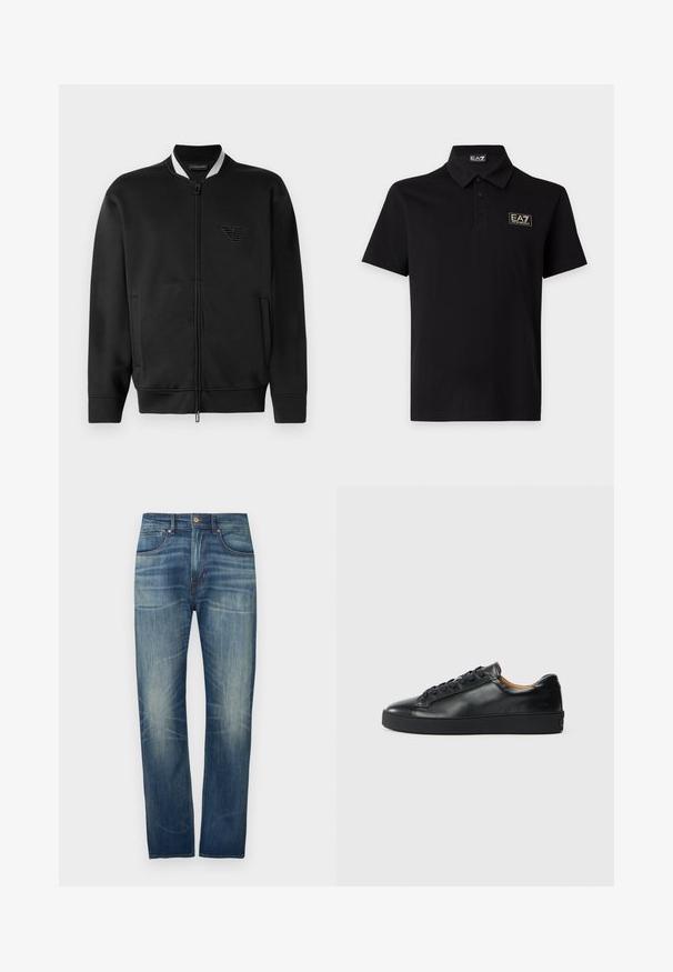 Schwarze Bomberjacke mit Reißverschluss vorne, geripptem Kragen und gesticktem Logo. Verfügt über zwei seitliche Taschen und eine glatte Stoffoberfläche.; Schwarzes kurzärmeliges Poloshirt mit drei Knöpfen und einem EA7 Emporio Armani Logo-Patch auf der linken Brust.; Dunkelblaue Denim-Jeans mit geradem Bein, leicht ausgewaschen, fünf Taschen und Knopfverschluss am Bund.; Schwarze Leder-Sneaker mit glatter Textur, runder Zehenpartie und Schnürverschluss. Verfügt über eine dicke Gummisohle und minimalistische Marken-Details.
