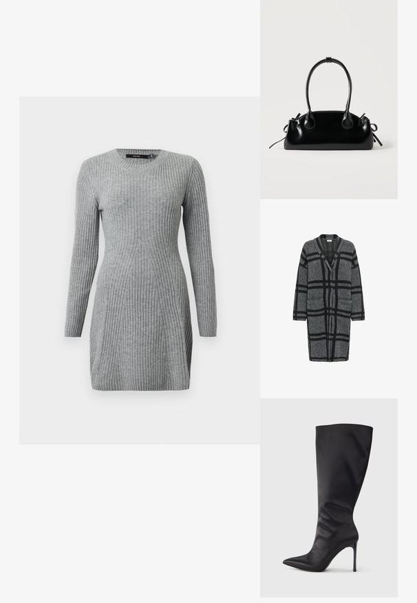 Cardigan long gris avec un motif à carreaux noir, en tissu texturé, présentant un col en V, des manches longues et deux poches à l'avant.; Robe grise en tricot côtelé avec des manches longues et un col rond. Présente un design ajusté et des lignes verticales pour la texture. Tissu doux.; Botte noire haute jusqu'aux genoux en cuir verni lisse et élégant ; bout pointu ; ajustée avec un léger froncé près de la cheville ; talon brillant.; Petit sac à main noir brillant avec deux longues anses et des détails à cordon sur les côtés sur un fond clair uni.