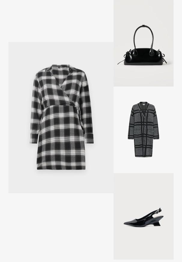 Cardigan long gris avec un motif à carreaux noir, en tissu texturé, présentant un col en V, des manches longues et deux poches à l'avant.; Robe portefeuille à carreaux noir et blanc avec des manches longues, décolleté en V et un lien à la taille. Tissu doux avec un motif à carreaux dans tout le vêtement.; Chaussure slingback en cuir verni noir avec bout pointu et petit talon bloc incliné sur fond clair uni.; Petit sac à main noir brillant avec deux longues anses et des détails à cordon sur les côtés sur un fond clair uni.