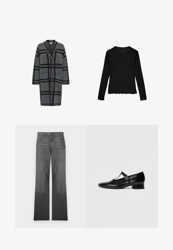 Cardigan long gris avec un motif à carreaux noir, en tissu texturé, présentant un col en V, des manches longues et deux poches à l'avant.; Chemise noire à manches longues avec col ras du cou, bords festonnés aux manches et à l'ourlet, posée à plat sur un fond blanc.; Jean en denim gris à jambes larges avec un lavage moyen, présentant un design à cinq poches, une fermeture à bouton sur le devant et des détails de couture subtils.; Chaussures Mary Jane en cuir noir avec bout pointu, petit talon carré et bride ajustable avec une boucle argentée. Texture lisse et brillante.