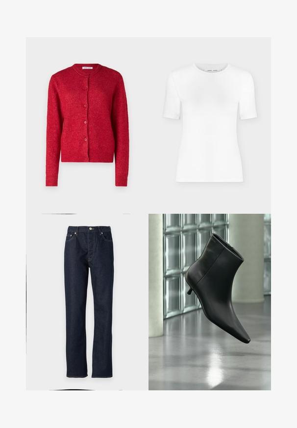 Cardigan rouge avec un col rond, des manches longues et une fermeture à boutons. Fabriqué en matériau doux avec une finition légèrement texturée.; T-shirt blanc à manches courtes avec col rond, coupe slim et texture de tissu côtelé, présenté sur un fond uni gris clair.; Jean en denim bleu foncé avec une coupe droite, dotée d'une fermeture à bouton et à glissière, d'un design à cinq poches et de détails de surpiqûres contrastées.; Bottine en cuir noir à bout pointu et petit talon kitten, présentée en angle devant un sol poli et un mur en blocs de verre.