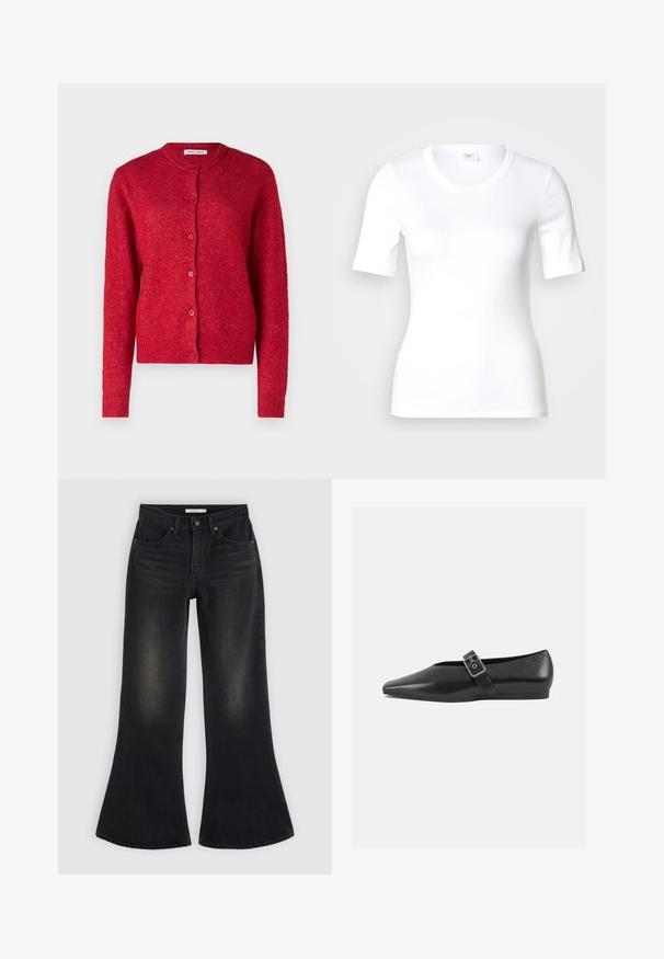Cardigan rouge avec un col rond, des manches longues et une fermeture à boutons. Fabriqué en matériau doux avec une finition légèrement texturée.; T-shirt blanc à manches courtes en coton lisse, doté d'un col rond et d'une coupe ajustée. Design classique, sans motifs ni accents.; Jean noir à jambes larges avec poches avant, passants de ceinture et ombrage estompé sur les cuisses et les genoux, posé à plat sur un fond clair.; Chaussure plate en cuir noir avec un orteil pointu, présentant une sangle à boucle métallique sur le cou-de-pied et une semelle basse et flexible.