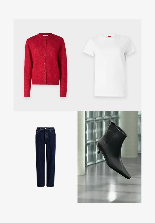 Cardigan rouge avec un col rond, des manches longues et une fermeture à boutons. Fabriqué en matériau doux avec une finition légèrement texturée.; T-shirt blanc à manches courtes en coton léger. Présente un col rond et des manches retroussées. Étiquette logo rouge sur le col.; Jeans en denim bleu foncé avec une coupe droite, dotés d'une taille haute, d'un style à cinq poches et de coutures contrastantes. Sans embellissements.; Bottine en cuir noir à bout pointu et petit talon kitten, présentée en angle devant un sol poli et un mur en blocs de verre.