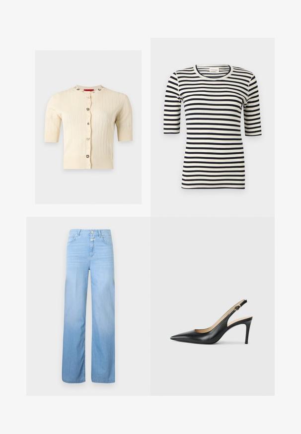 Cardigan crème à manches courtes côtelé avec des boutons décoratifs ornés de bijoux sur le devant et l'encolure.; Chemise ajustée à rayures horizontales noires et blanches avec manches jusqu'au coude et col rond.; Jean en denim bleu clair à coupe droite, style 5 poches, fermeture par bouton et texture délavée vers le bas.; Escarpins en cuir noir avec une pointe fine, une bride ajustable et un talon aiguille élégant, présentant une finition lisse.
