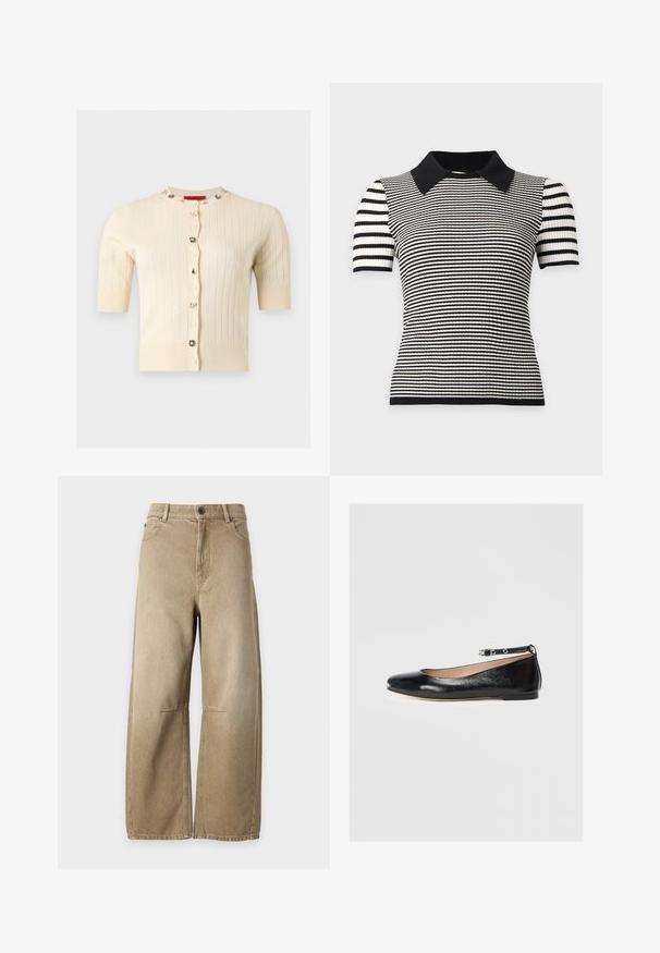 Cardigan crème à manches courtes côtelé avec des boutons décoratifs ornés de bijoux sur le devant et l'encolure.; Haut en maille à manches courtes noir et blanc avec des rayures horizontales, une texture côtelée et un col pointu noir uni.; Jean denim beige à jambes larges avec bouton à l’avant, fermeture éclair, poches avant et coutures visibles sur un fond clair uni.; Ballerines noires en cuir avec un bout rond, une bride à la cheville et un petit talon. Texture lisse et design minimaliste.