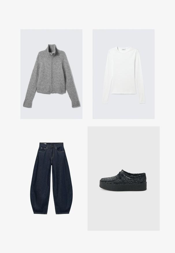 Pull gris zippé avec un col haut, des poignets côtelés et une base côtelée. Fabriqué à partir d'un tissu doux et texturé, il possède des manches raglan et un design court.; T-shirt blanc uni à manches longues avec col rond et coupe slim, présenté sur un fond gris clair.; Jean en denim bleu foncé à jambes larges avec poches avant, passants de ceinture et fermeture par bouton à la taille.; Chaussure noire en tissu duveteux, à enfiler, avec une semelle plateforme épaisse et une bande élastique sur le dessus, vue de profil sur un fond clair uni.