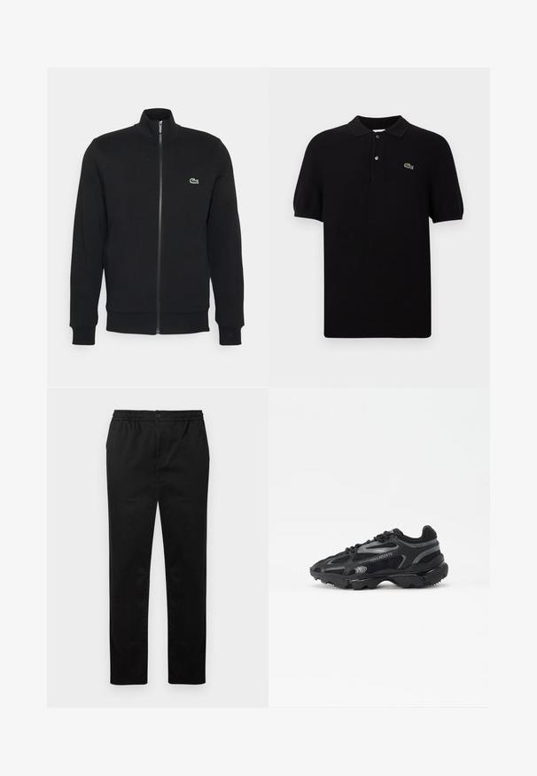 Zwarte ritsjack gemaakt van zachte stof. Heeft een hoge kraag, lange mouwen en een klein groen logo aan de linkerkant van de borst.; Zwarte poloshirt gemaakt van gebreide stof, met een klassieke kraag, drie knopen en een groene krokodillenlogo aan de linkerkant. Korte mouwen.; Zwarte rechte broek met elastische tailleband, knoopsluiting en zijzakken, weergegeven op een effen witte achtergrond.; Zwarte sportieve sneakers met een bovenwerk van mesh en synthetisch materiaal. Voorzien van een gestructureerde zool, reflecterende accenten en een verstevigde hiel.