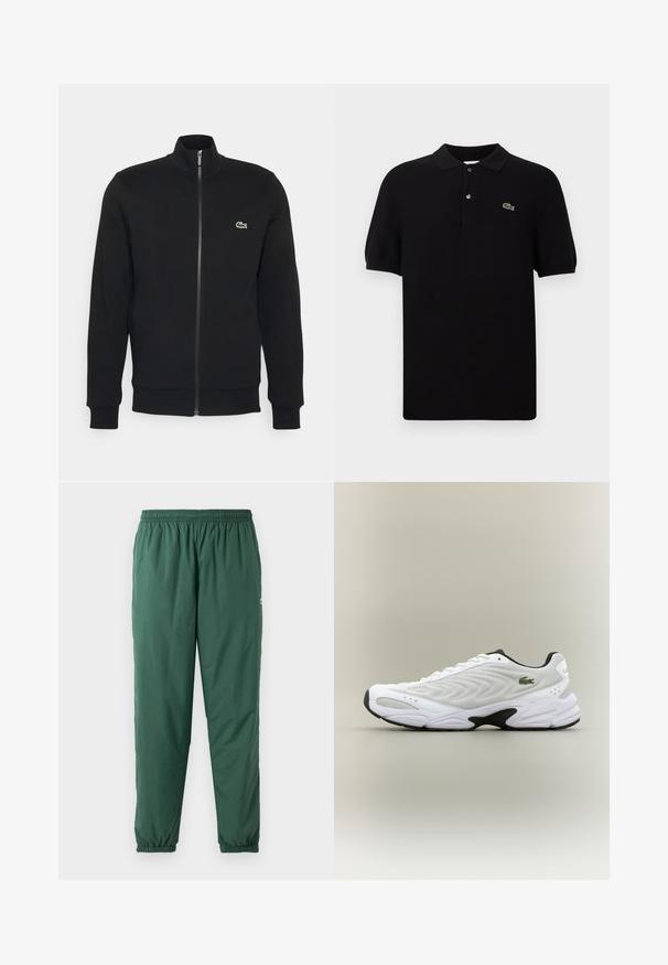 Zwarte ritsjack gemaakt van zachte stof. Heeft een hoge kraag, lange mouwen en een klein groen logo aan de linkerkant van de borst.; Zwarte poloshirt gemaakt van gebreide stof, met een klassieke kraag, drie knopen en een groene krokodillenlogo aan de linkerkant. Korte mouwen.; Groene, lichtgewicht, elastische broek met een geplooide tailleband en boorden, gemaakt van een gladde, waterafstotende stof.; Witte sportieve schoen met een textuur van gaas bovenwerk, gebogen ontwerp en contrasterende zwarte zool. Heeft een groen geborduurd logo aan de zijkant.