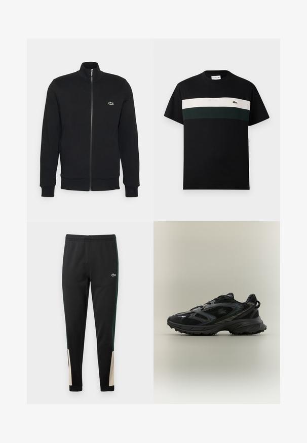 Zwarte ritsjack gemaakt van zachte stof. Heeft een hoge kraag, lange mouwen en een klein groen logo aan de linkerkant van de borst.; Zwart T-shirt van katoen met een ronde hals, voorzien van een horizontale streep in crème en donkergroen over de borst, en een klein logo.; Zwarte sweatpants met groene zijstrepen en beige accenten bij de boorden. Elastische tailleband en Lacoste-logo aan de voorkant. Glad textuur.; Zwarte sportieve schoen met meshpanelen, een gestructureerde zool, veters en een gebogen silhouet met zilveren accenten aan de zijkanten.