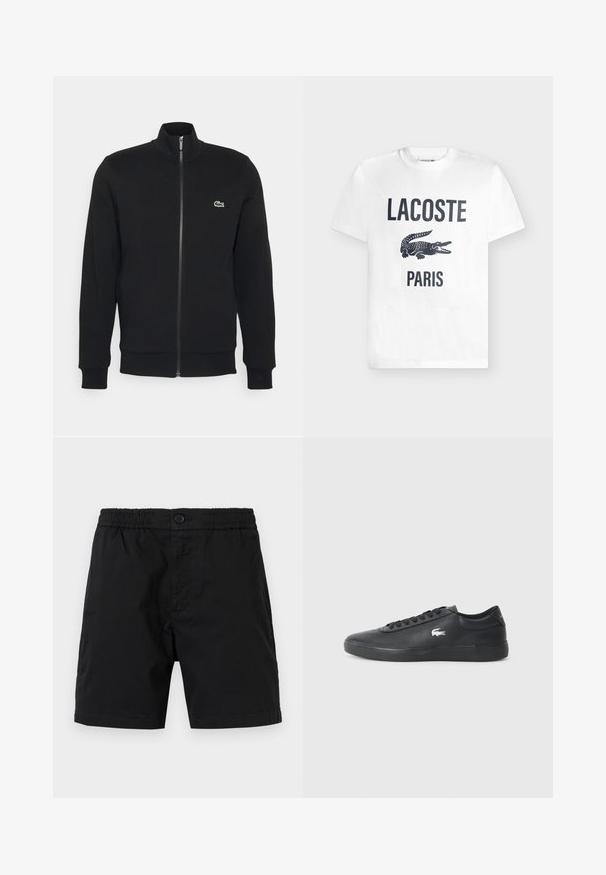 Zwarte ritsjack gemaakt van zachte stof. Heeft een hoge kraag, lange mouwen en een klein groen logo aan de linkerkant van de borst.; Wit T-shirt met korte mouwen met zwarte "LACOSTE"-tekst, een grote zwarte krokodillengrafiek en "PARIS"-tekst onderaan aan de voorkant.; Zwarte herenshorts met elastische tailleband, knoopsluiting en halflange pijpen, afgebeeld tegen een neutrale achtergrond.; Zwarte leren sneaker met ronde neus, platte zool en wit logo aan de zijkant. Beschikt over zwarte veters en een gladde, matte afwerking.