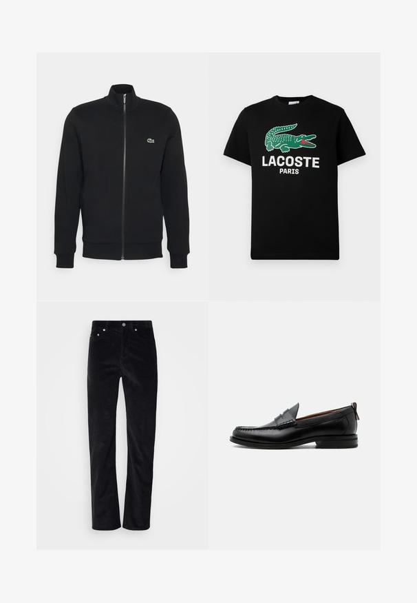 Zwarte ritsjack gemaakt van zachte stof. Heeft een hoge kraag, lange mouwen en een klein groen logo aan de linkerkant van de borst.; Zwarte katoenen t-shirt met een groen krokodillenlogo en de tekst "LACOSTE PARIS" in het wit. Korte mouwen en een klassieke ronde hals.; Zwarte corduroybroek met een straight leg ontwerp. Voorzien van een knoopsluiting en vijf-pocket styling. Gestructureerde geribbelde stof.; Zwarte leren herensloffen met moc toe stiksel, pennyriem, gestructureerde kraag en lage gestapelde hak op witte achtergrond.