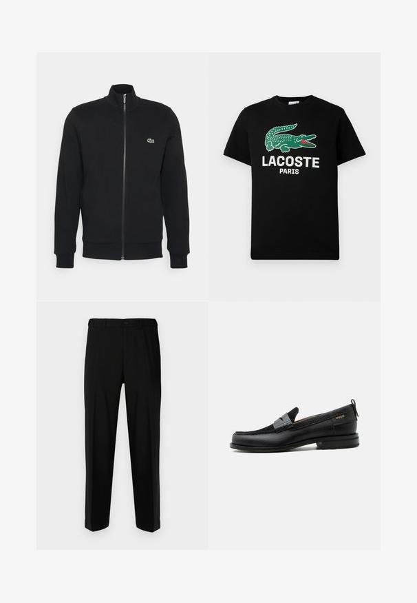 Zwarte ritsjack gemaakt van zachte stof. Heeft een hoge kraag, lange mouwen en een klein groen logo aan de linkerkant van de borst.; Zwarte katoenen t-shirt met een groen krokodillenlogo en de tekst "LACOSTE PARIS" in het wit. Korte mouwen en een klassieke ronde hals.; Zwarte broek van gladde stof, met een rechte snit, twee voorzakken en een ritssluiting met knoopsluiting.; Zwarte leren loafer met grijs riemdetailelement, lage hak en gestructureerde zool, aan de zijkant gebrandmerkt met "HUGO" in goud.