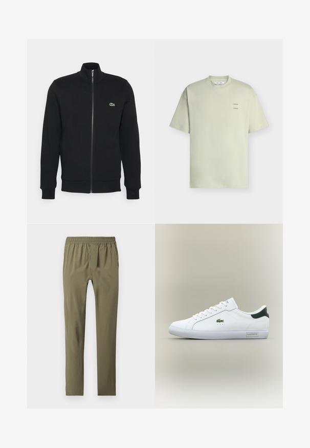 Zwarte ritsjack gemaakt van zachte stof. Heeft een hoge kraag, lange mouwen en een klein groen logo aan de linkerkant van de borst.; Lichtgroen T-shirt met korte mouwen en ronde hals met klein "SAMSOE SAMSOE" tekstlogo op de linkerborst.; Olijfgroene slim-fit broek met elastische tailleband, twee zijzakken en een voorflapsluiting, plat gelegd op een witte achtergrond.; Witte lage sneakers met een groen krokodillenlogo aan de zijkant, zwarte hieltab, witte veters en een "Lacoste" label op de rand van de zool.