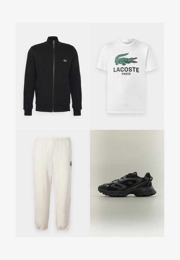 Zwarte ritsjack gemaakt van zachte stof. Heeft een hoge kraag, lange mouwen en een klein groen logo aan de linkerkant van de borst.; Lacoste T-shirt print - white; Lichtbeige sweatpants van katoen, met een elastische tailleband, geribde boorden en een groen logo met een bladerenontwerp op het linkerpand.; Zwarte sportieve schoen met meshpanelen, een gestructureerde zool, veters en een gebogen silhouet met zilveren accenten aan de zijkanten.