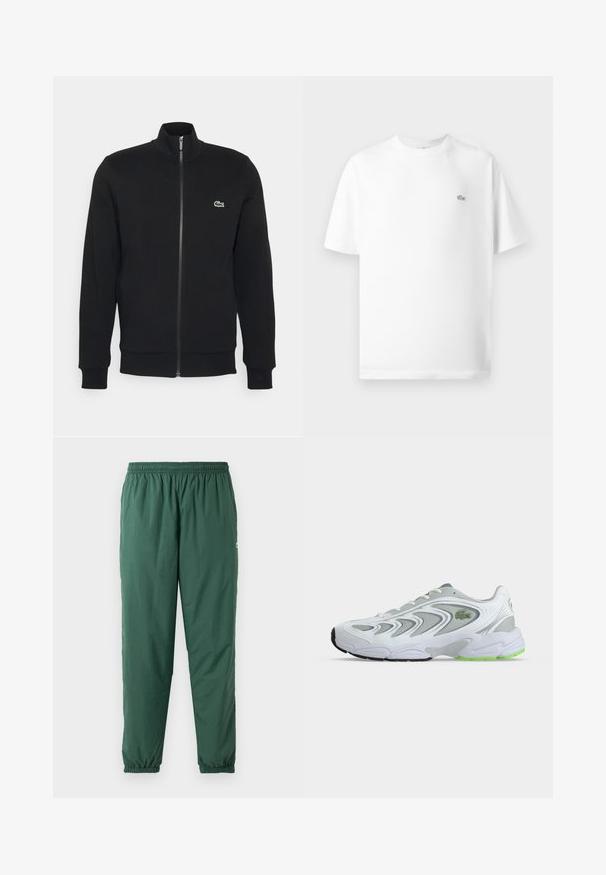 Zwarte ritsjack gemaakt van zachte stof. Heeft een hoge kraag, lange mouwen en een klein groen logo aan de linkerkant van de borst.; Witte katoenen t-shirt met een ronde hals en korte mouwen. Bevat een klein zwart Lacoste-logo aan de linkerkant van de borst.; Groene, lichtgewicht, elastische broek met een geplooide tailleband en boorden, gemaakt van een gladde, waterafstotende stof.; Witte en grijze sportschoen met groene accenten en logo, meshpanelen en een dikke, gedempte zool, zijaanzicht op een effen achtergrond.