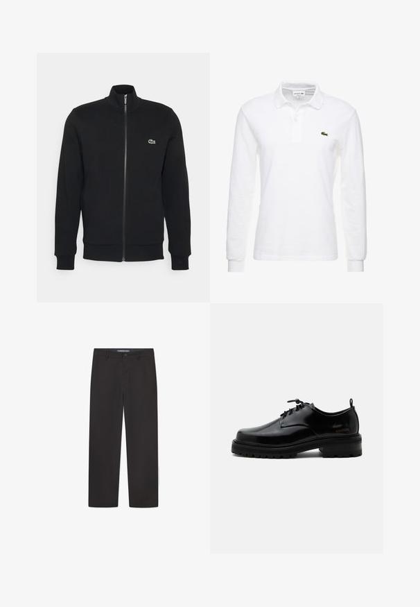 Zwarte ritsjack gemaakt van zachte stof. Heeft een hoge kraag, lange mouwen en een klein groen logo aan de linkerkant van de borst.; Witte poloshirt met lange mouwen van katoen, met een klassieke kraag en een klein groen Lacoste-logo op de borst. Glad textuur.; Zwarte broek gemaakt van gladde stof, met een rechte pijp, een tailleband met knoopsluiting en zonder duidelijke patronen of accenten.; Zwarte gepolijste leren veterschoen met dikke rubberen zool en lage hak, zijmerktekst "SAMSOE" en een achterste aantreklus.