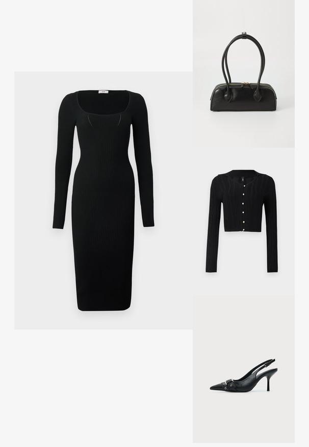 Sort cropped cardigan lavet af strikket stof, med et kabelmønster og V-hals, samt seks perleknapper ned foran.; Sort ribbet midi-kjole med lange ærmer, firkantet halsudskæring og tætsiddende design. Glat tekstur med en figursyet silhuet.; Sort læder højhælet sko med spidst tåparti, slingback og rem med spænde og nitter foran.; Sort læder håndtaske med to langstrakte håndtag, lynlåslukning og afrundet form; glat tekstur med en subtil blank finish.
