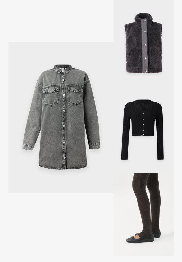 Sort cropped cardigan lavet af strikket stof, med et kabelmønster og V-hals, samt seks perleknapper ned foran.; Mørkegrå fleece ærmeløs vest med høj krave og trykknaplukning, der har to frontlommer. Blødt, struktureret materiale.; Grå denim skjortekjole med lange ærmer, knaplukning fortil, to brystlommer og rundet kant. Har en subtil falmet tekstur og metaliknapper.; Ben iført mørke ribbede leggings kombineret med sorte balletsko med små sløjfedetaljer på hvid baggrund.