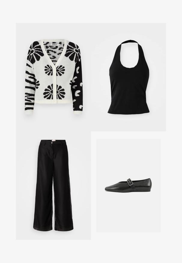 Cardigan à motifs noir et blanc avec un col en V, fermeture à boutons et ourlet côtelé. Présente des motifs floraux et abstraits sur l'ensemble.; Haut halter noir en tissu doux, avec un col rond et une silhouette ajustée, à la texture lisse et sans motifs visibles.; Pantalons larges noirs en tissu maillé texturé, avec une fermeture à bouton et des fentes latérales pour plus de respirabilité et de style.; Chaussure plate en cuir noir avec un orteil pointu, présentant une sangle à boucle métallique sur le cou-de-pied et une semelle basse et flexible.
