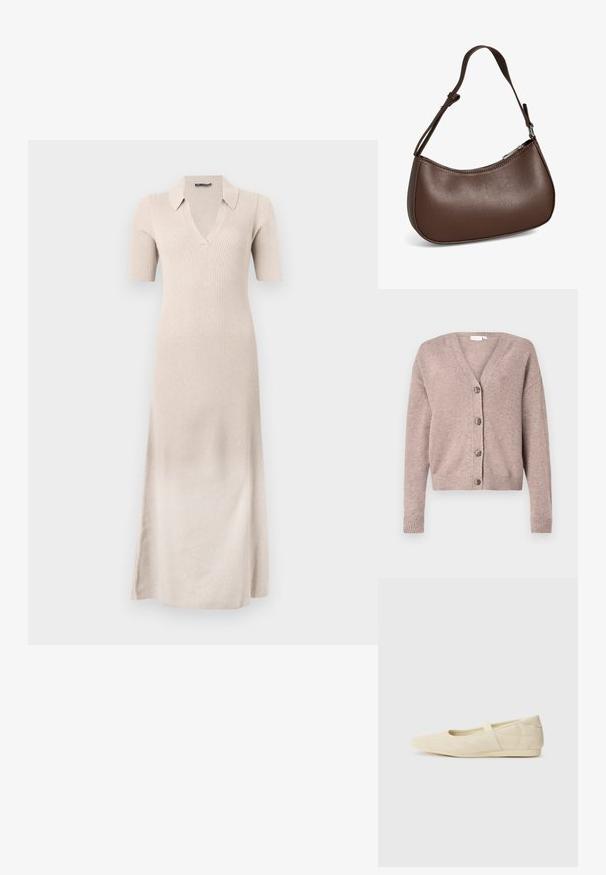 VILA VIRIL V-NECK KNIT CARDIGAN - NOOS - Vest - brown; Beige geribbelde jurk met korte mouwen, V-hals en kraag. Lange, aansluitende snit met zijsplitten voor optimaal bewegingsgemak. Zachte textuur.; Beige ballerina's met een gladde leren buitenkant, amandelvormige punt en elastische band over de wreef, met subtiele stiksels.; Kleine bruine leren schoudertas met verstelbare band en ritssluiting, getoond tegen een witte achtergrond. Geen zichtbaar merk of versieringen.