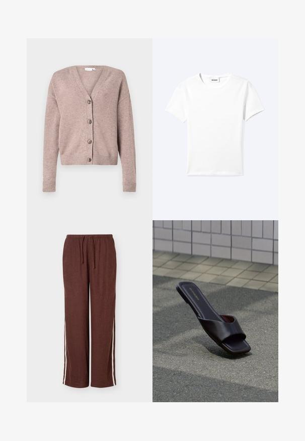 VILA VIRIL V-NECK KNIT CARDIGAN - NOOS - Cardigan - brown; Ensfarvet hvid t-shirt med korte ærmer og rund halsudskæring med en lille "WEEKDAY" label indeni halskanten, vist fladt på en lys baggrund.; Brune løstsiddende bukser med hvide sidelommer, elastisk talje og snøre, vist på en ensfarvet baggrund.; Mørkebrun sandal med åben tå, firkantet tå og bred rem, hvilende på grå asfalt nær flisebelagt fortov.
