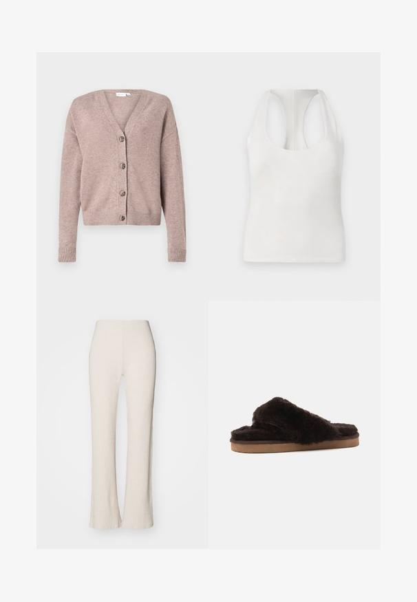 VILA VIRIL V-NECK KNIT CARDIGAN - NOOS - Ζακέτα - brown; Λευκή αμάνικη μπλούζα από μαλακό ύφασμα, με στρογγυλή λαιμόκοψη και σχεδίαση racerback, ομαλή υφή και χωρίς εμφανή σχέδια.; Κρεμ ribbed πλεκτό παντελόνι με φαρδιά σχεδίαση ποδιού, διαθέτοντας ψηλή μέση και απαλό υφασμά. Το ύφασμα φαίνεται ελαστικό και μαλακό.; Ένα μονό σκούρο καφέ χνουδωτό παντόφλα με καφέ σόλα, εμφανίζεται προφίλ σε απλό φωτεινό φόντο.