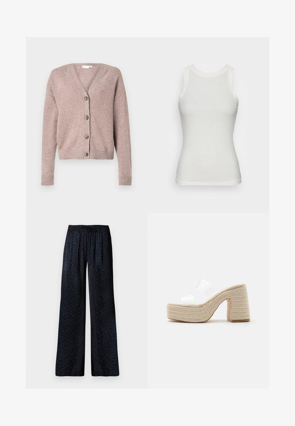 VILA VIRIL V-NECK KNIT CARDIGAN - NOOS - Kardigan - brown; Sofie Schnoor Topp - white; Laiad püksid tumedast kangast, millel on peen must leopardi prinditud muster, elastne vöökoht ja mugav langevus.; Platvormsandal tükilisest punutud beežist kontsa ja tallaga, millel on kaks laia läbipaistvat valget rihma üle jala.