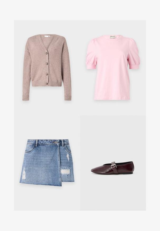 VILA VIRIL V-NECK KNIT CARDIGAN - NOOS - Kardigan - brown; Roosa T-särk lühikeste puhvärvidega, ümar kaelus, valmistatud pehmest kangast. Lihtne disain, ilma mustrite ja aktsentideta.; Heledemini seelik helesinises värvitoonis, millel on pleekinud alad ja kulumise detailid. Selles on ees nupuga sulgemine ja traditsiooniline viie taskuga disain.; Burgundia nahast ballerina kingad terava varbaga, lameda tallaga ja dekoratiivse pandla rihmaga üle jala. Sile, läikiv tekstuur.