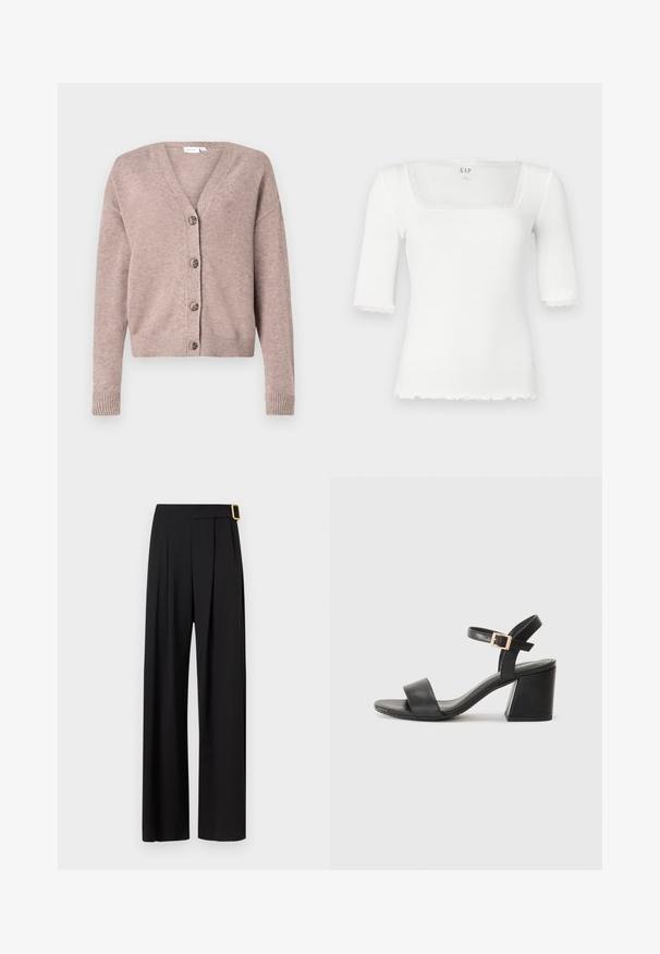VILA VIRIL V-NECK KNIT CARDIGAN - NOOS - Kardigan - brown; Valge liibuv topp, millel on ruudukujuline kaelus ja lühikesed varrukad. Kaeluse ja varrukate ääred on kaunistatud pitsiga. Valmistatud soonikust materjalist.; Mustad laiad püksid kõrge vöökohaga, millel on ees pleidid ja kuldne ristkülikukujuline pandla aktsent vööl. Sile kangastekstuuri.; Mustad nahast kontsaga sandaalid, millel on lai rihm varba kohal ja pandlaaktsent pahkluu rihmal. Tükitud ristkülikukujuline konts.