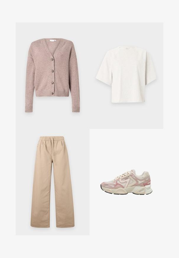 VILA VIRIL V-NECK KNIT CARDIGAN - NOOS - Kardigan - brown; Lühikeste varrukatega helehall ümmarguse kaelusega pusa, millel on lõdvestunud lõige ja raglaani varrukad, tavalisel taustal.; Beezhiksed laiade sääreosadega püksid, millel on elastne vöökoht ja nöörkinnis, valmistatud siledast kangast, esitatud ühevärvilise hele tausta ees.; Massiivsed tossud roosa ja kreemika võrgusilma ning nahkdetailidega, paks valge tald ja nööpimissüsteem, külgvaade.