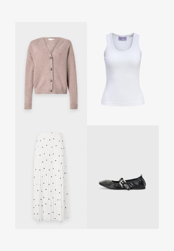 VILA VIRIL V-NECK KNIT CARDIGAN - NOOS - Neuletakki - brown; Valkoinen ribbineulottu hihaton toppi pyöreällä pääntiellä ja JJXX-merkkilapulla kauluksen sisällä, koko small.; Valkoinen pleated-maksihame mustilla pilkuilla, jossa on sileä vyötärö ja virtaava kangas helppoon liikkuvuuteen.; Musta nahkainen tasapohjainen kenkä, jossa on terävä kärki, rypytetty yksityiskohta aukon ympärillä ja hopeinen solki koristeluna säädettävässä hihnassa.
