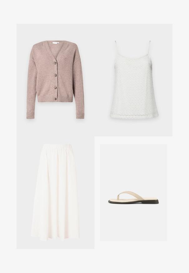 VILA VIRIL V-NECK KNIT CARDIGAN - NOOS - Ζακέτα - brown; Λευκό αμάνικο τοπ με λεπτές τιράντες, που διαθέτει υφασμένο, με σχέδιο ύφασμα και ελαφρώς φαρδύ τελείωμα στο στρίφωμα.; Μακριά φούστα με ελαστική μέση σε ανοιχτό κρέμα, ρέουσα ύφανση, σιλουέτα Α-γραμμή, χωρίς σχέδια ή διακοσμητικά στοιχεία, μήκος μέχρι τα μισά της γάμπας.; Μπεζ επίπεδη σαγιονάρα με επενδεδυμένο πέλμα και μαύρη σόλα, εμφανιζόμενη από το πλάι σε λευκό φόντο.