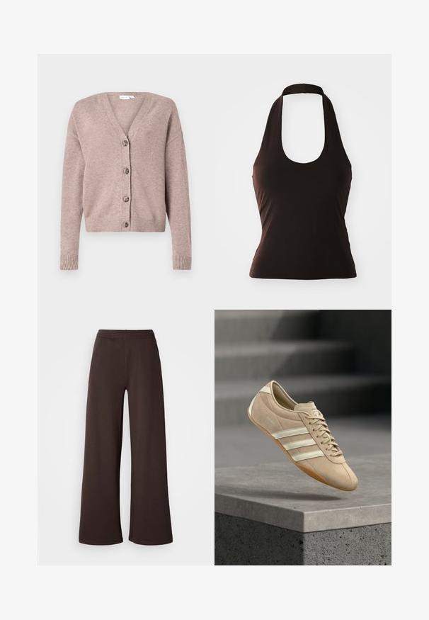 VILA VIRIL V-NECK KNIT CARDIGAN - NOOS - Kardigán - brown; Čierny halter top vyrobený z jemnej látky, s širokým výstrihom a priliehavým strihom, bez ďalších vzorov alebo ozdôb.; Široké nohavice v tmavohnedej farbe, vyrobené z mäkkej tkaniny s elastickým pásom a čistým lemovaním, ideálne pre pohodlné a neformálne nosenie.; Svetlobéžová teniska s tromi bielymi vodorovnými pruhmi, zvršok z semišu a podrážka z gumy v prírodnej farbe, s logom na boku.