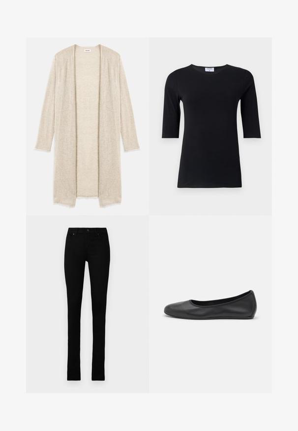 Strikket beige cardigan med åben front, lange ærmer og detaljeret udskæringsmønster. Let slidte kanter for ekstra tekstur.; Sort langærmet top lavet af blød, strækbar stof. Har en rund halsudskæring og en tætsiddende silhuet med mellemlange ærmer.; Sorte denim jeans med slim fit, der har fem lommer, en knaplukning og et rent design uden udsmykninger.; Sort læderballetsko med rund tå, glat tekstur, minimal syning og et fleksibelt såldesign.