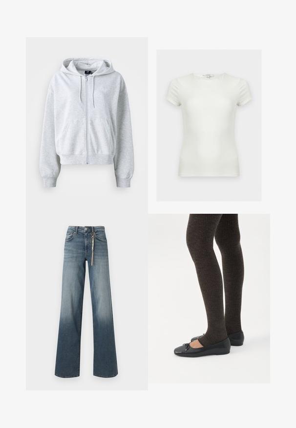 Sudadera gris clara con cremallera frontal, capucha y dos bolsillos delanteros. Presenta puños y dobladillo acanalados, y un sutil logotipo en el pecho.; Camiseta blanca lisa ajustada con mangas cortas y escote redondo, mostrada sobre un fondo neutro.; Vaqueros rectos de mezclilla azul con lavado desgastado y una cadena dorada con perlas que cuelga del pasador delantero del cinturón.; Piernas con leggings oscuros acanalados combinados con bailarinas negras que presentan pequeños detalles de lazo sobre un fondo blanco.