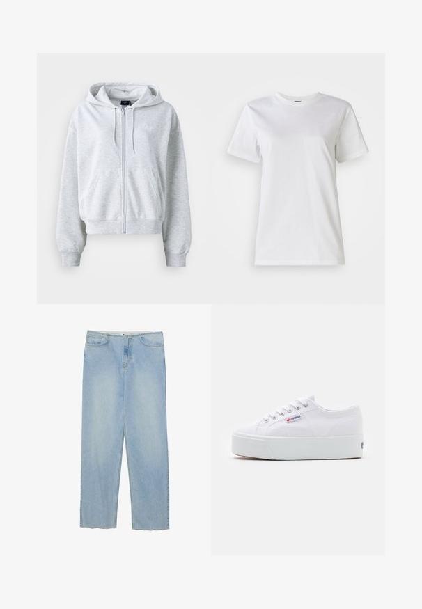 Sudadera gris clara con cremallera frontal, capucha y dos bolsillos delanteros. Presenta puños y dobladillo acanalados, y un sutil logotipo en el pecho.; Camiseta blanca de algodón con cuello redondo y mangas cortas. La tela es suave con una textura agradable y sin patrones ni acentos visibles.; Vaqueros de mezclilla de color azul claro con corte recto, que presentan una cintura alta, cinco bolsillos y detalles de dobladillo desflecado.; Zapatilla de lona blanca con una gruesa suela de plataforma blanca, punta redonda y ojales de metal para los cordones. Logotipo de la marca mostrado en el lateral.