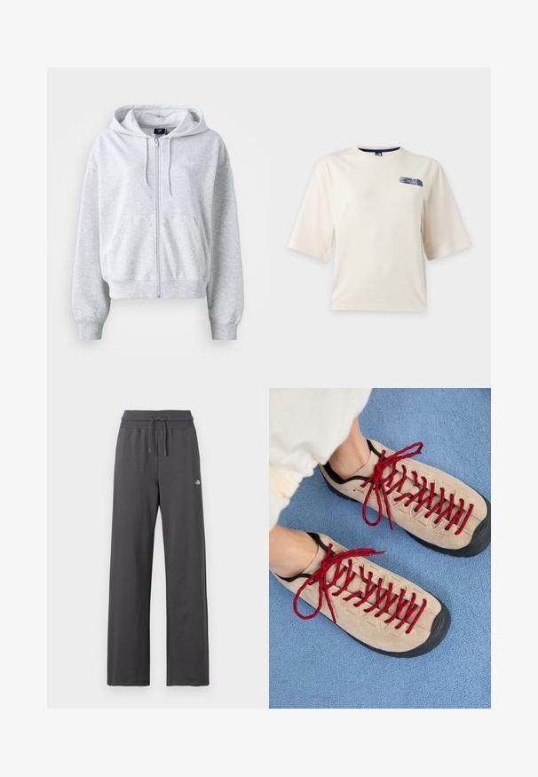Lichtgrijze sweatshirt met een rits aan de voorkant, capuchon en twee voorzakken. Heeft ribgebreide manchetten en zoom, en een subtiel logo op de borst.; Wit T-shirt met korte mouwen met een klein blauw The North Face-logo op de bovenste linkerborst.; Donkergrijze sweatpants met wijde pijpen, voorzien van een geribbelde elastische tailleband en een trekkoord, met een klein wit logo op de rechterdij.; Beige schoenen met rode veters, geplaatst op een blauwe, gestructureerde ondergrond, onthullen gedeeltelijk de enkel van een persoon. De schoenen hebben een sportief ontwerp.
