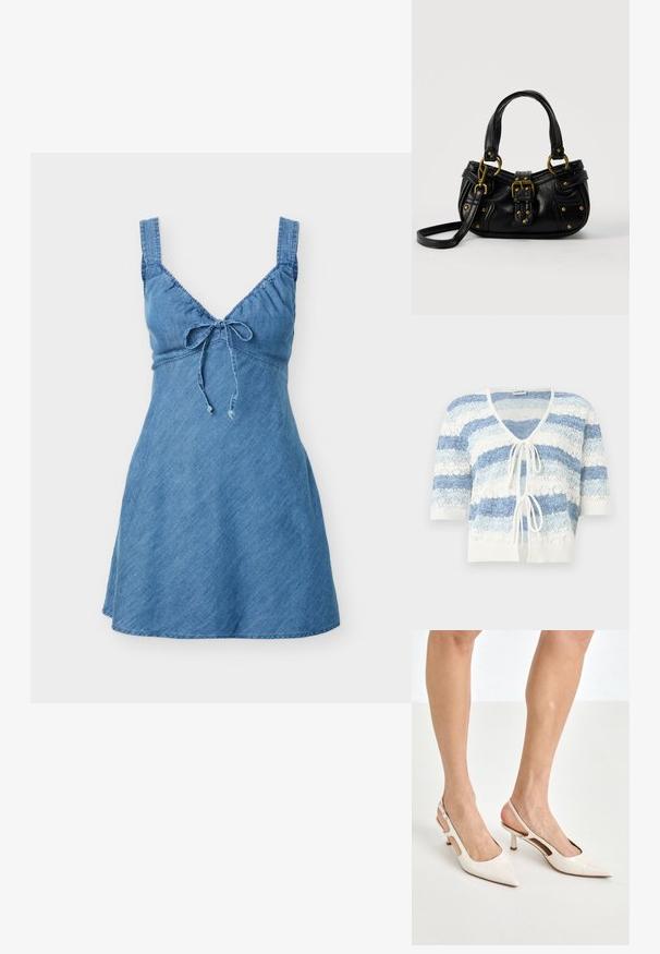 Cardigan en maille à manches courtes, ouverture devant, rayures horizontales bleu et blanc, avec deux liens à nouer à l'avant.; Robe mini en denim sans manches avec des bretelles larges et un nœud à l'avant au niveau de l'encolure en V, légèrement évasée à l'ourlet.; Escarpins à talon slingback en cuir verni beige avec un bout pointu et un talon de 5 cm, présentant des côtés découpés et une fine bride à la cheville.; Sac à main en cuir noir avec boucle dorée et détails à rivets, poignées courtes et bandoulière réglable sur fond blanc uni.