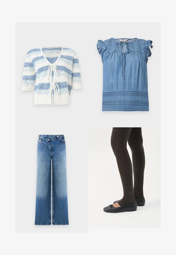 Cardigan en maille à manches courtes, ouverture devant, rayures horizontales bleu et blanc, avec deux liens à nouer à l'avant.; Blouse bleue sans manches avec épaules à volants, détails plissés près de l'encolure et de l'ourlet, et fermeture à nouer sur le devant.; Jean large bleu clair avec un délavage, présentant un design classique à cinq poches et des accents en métal au niveau de la taille.; Jambes portant des leggings côtelés foncés associés à des ballerines noires avec de petits détails en nœud sur fond blanc.