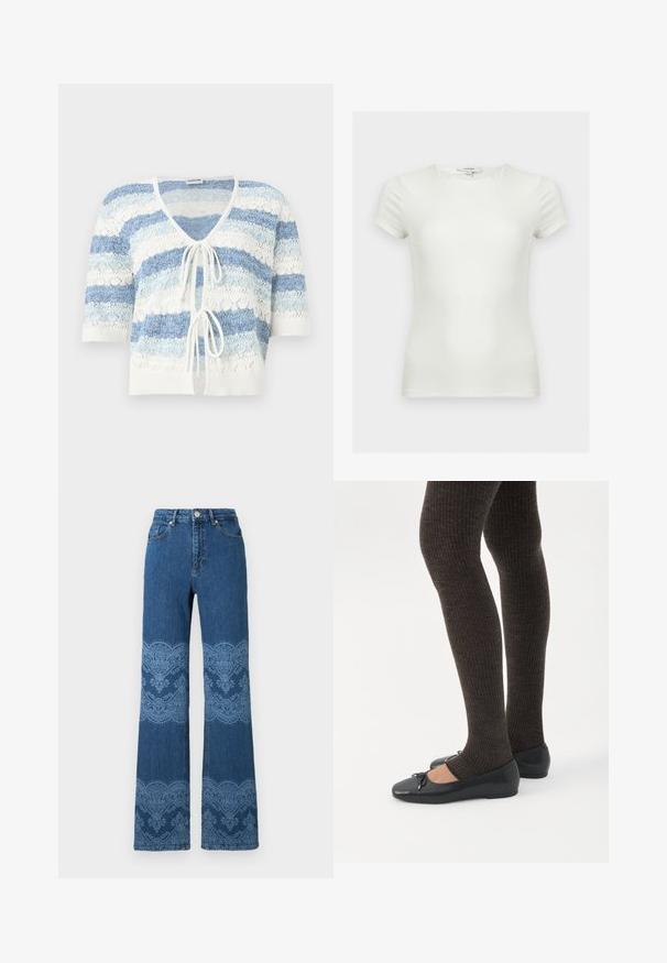 Cardigan en maille à manches courtes, ouverture devant, rayures horizontales bleu et blanc, avec deux liens à nouer à l'avant.; T-shirt ajusté blanc uni à manches courtes avec encolure ronde, présenté sur un fond neutre.; Jeans bleus taille haute à jambes droites avec motifs floraux bleu clair et motifs en dentelle sur les cuisses et les mollets, boutons à l'avant et poches.; Jambes portant des leggings côtelés foncés associés à des ballerines noires avec de petits détails en nœud sur fond blanc.