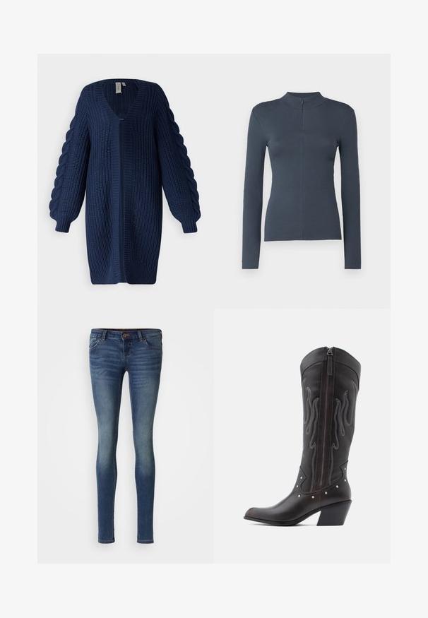 YAS YASSANNE LS KNIT CARDIGAN - Vest - navy blazer; Donkergrijs geribbeld langemouwen top met een hoge kraag en korte rits aan de voorkant, aansluitende pasvorm, weergegeven op een witte achtergrond.; Skinny jeans, middelblauwe denim, vijf-pocket ontwerp, lichte vervaging, knoopsluiting, gestikte naden en een getailleerd silhouet.; Bruine leren cowboylaarzen met vlamstiksels, zijrits, zilveren studs, spits toelopende neus en gestapelde hak.